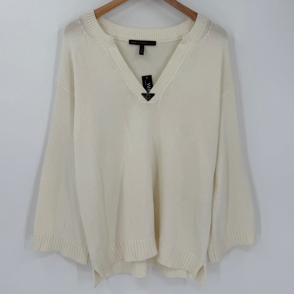 WHBM NWT Ivory V-Neck Logo Pullover Sweater Bell Sleeves‎ Women Large